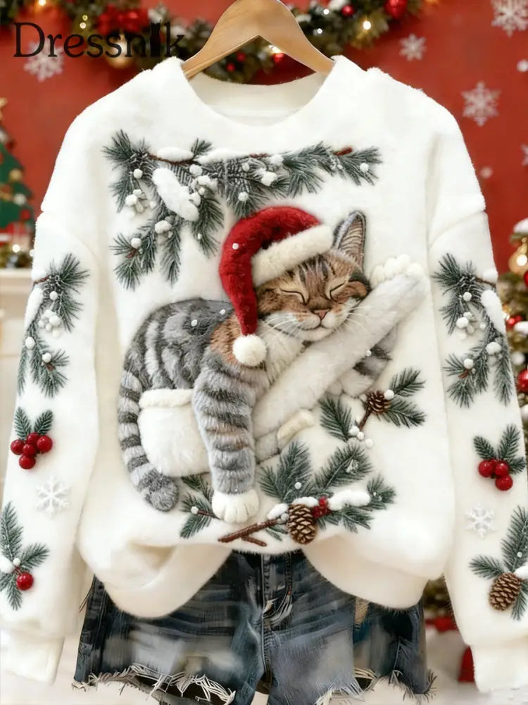 Damen niedlicher Weihnachts katzen Kunstdruck Casual Flanell Hoodie Weiß / S