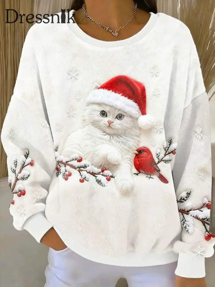 Damen niedlicher Weihnachts katzen Kunstdruck Casual Flanell Hoodie Weiß / S