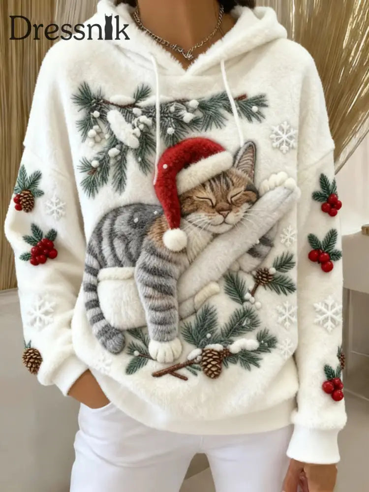 Damen niedlicher Weihnachts katzen Kunstdruck Casual Flanell Hoodie Weiß / S