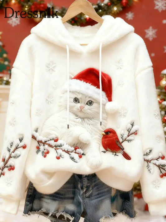 Damen niedlicher Weihnachts katzen Kunstdruck Casual Flanell Hoodie Weiß / S