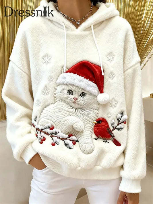 Damen niedlicher Weihnachts katzen Kunstdruck Casual Flanell Hoodie Weiß / S