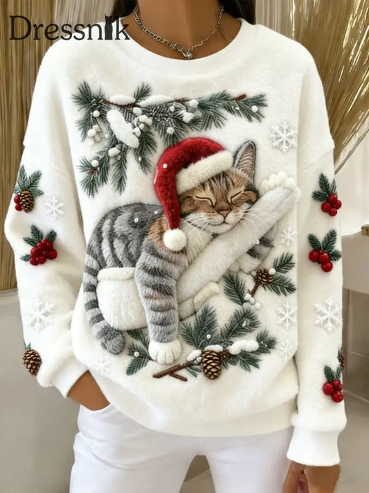 Damen niedlicher Weihnachts katzen Kunstdruck Casual Flanell Hoodie Weiß / S