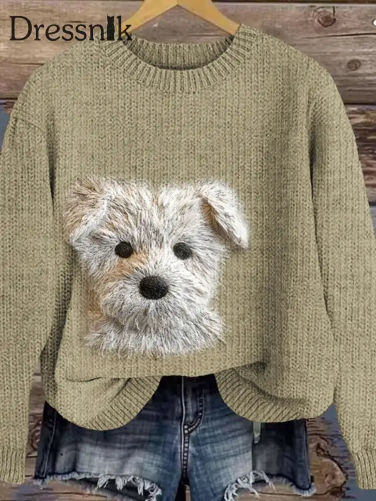 Damen niedlicher West Highland Terrier Hunde stickerei Kunst Gemütlicher Pullover Khaki / S