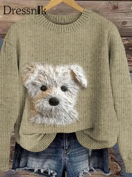 Damen niedlicher West Highland Terrier Hunde stickerei Kunst Gemütlicher Pullover Khaki / S