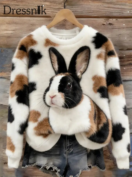 Damen Niedliches Bunny Art Rundhals ausschnitt Gemütliches Flanell-Sweatshirt als bild / S