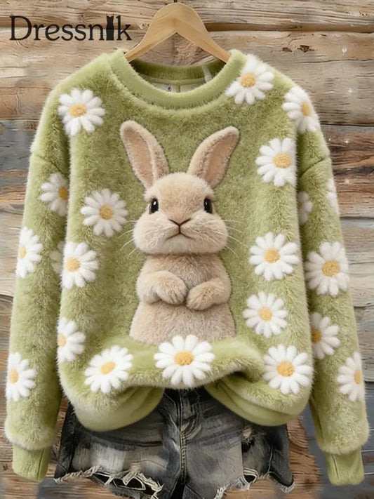 Damen Niedliches Bunny Art Rundhals ausschnitt Gemütliches Flanell-Sweatshirt als bild / S