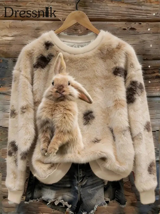 Damen Niedliches Bunny Art Rundhals ausschnitt Gemütliches Flanell-Sweatshirt als bild / S