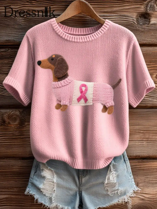 Damen niedliches Dackel muster Filz kunst Gemütliches Strick oberteil Rosa / S
