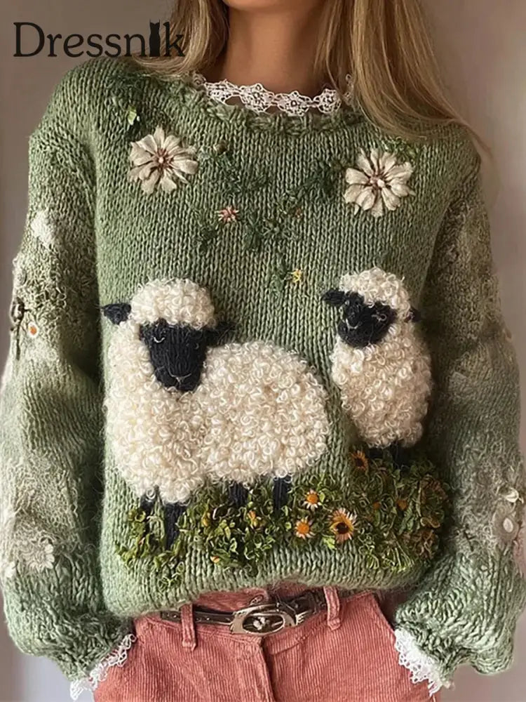 Damen niedliches fuzzy Schaf bedrucktes gemütliches reguläres Sweatshirt Grün / S