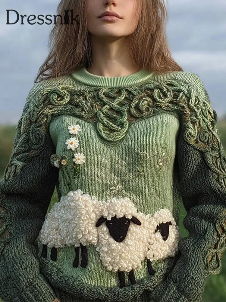 Damen niedliches fuzzy Schaf bedrucktes gemütliches reguläres Sweatshirt Grün / S