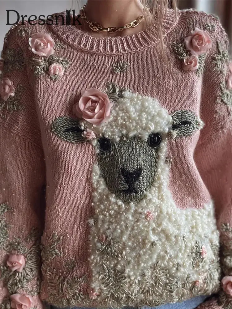 Damen niedliches fuzzy Schaf bedrucktes gemütliches reguläres Sweatshirt Rosa / S