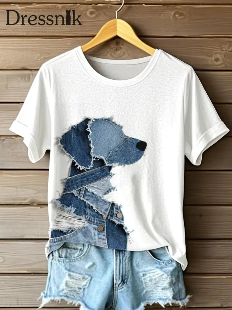 Damen niedliches Hunde-Jeans-Patchwork-Kunst-T-Shirt Weiß / S