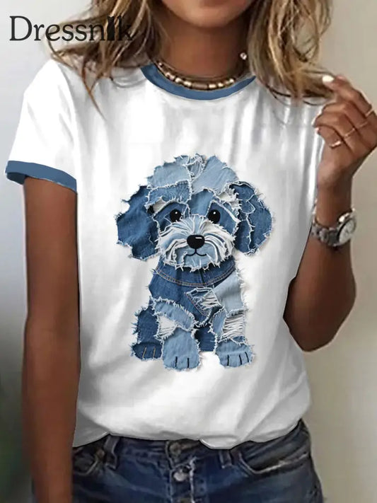 Damen niedliches Hunde-Jeans-Patchwork-Kunst-T-Shirt Weiß / S