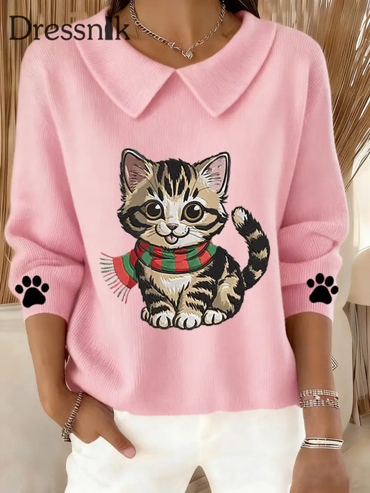 Damen niedliches Katzen muster Katzen liebhaber lässig Baby-Puppen-Kragen oberteil Rosa / S
