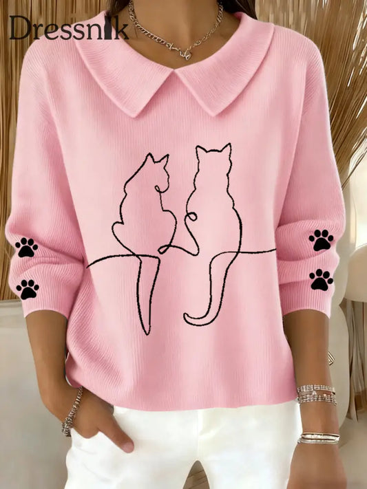 Damen niedliches Katzen muster Katzen liebhaber lässig Baby-Puppen-Kragen oberteil Rosa / S