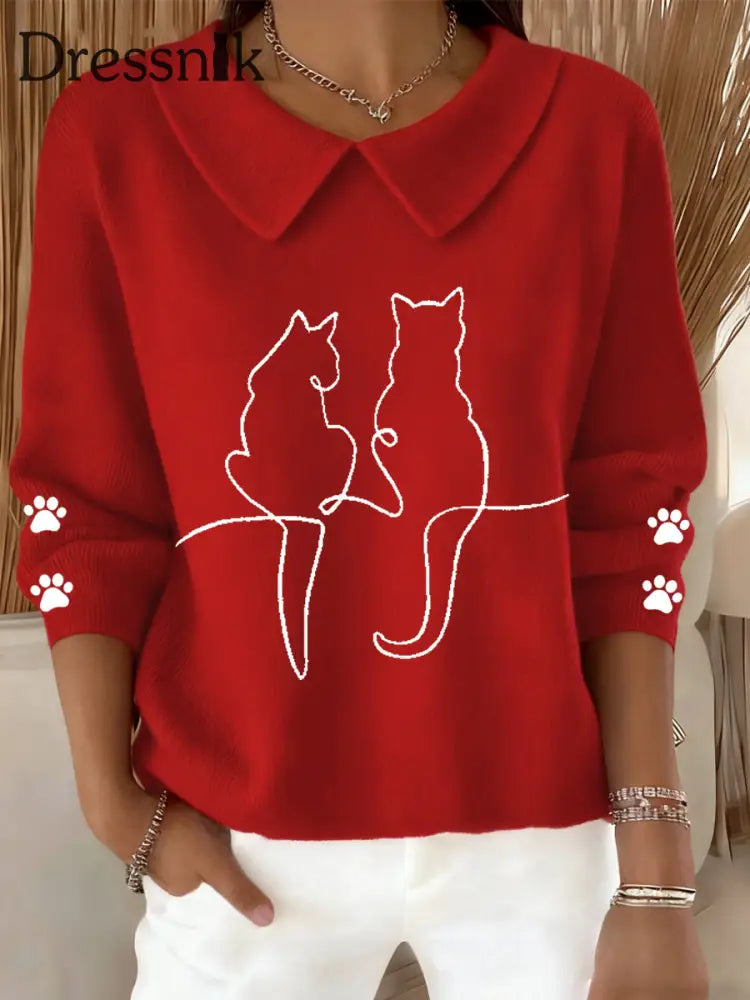 Damen niedliches Katzen muster Katzen liebhaber lässig Baby-Puppen-Kragen oberteil Rot / S