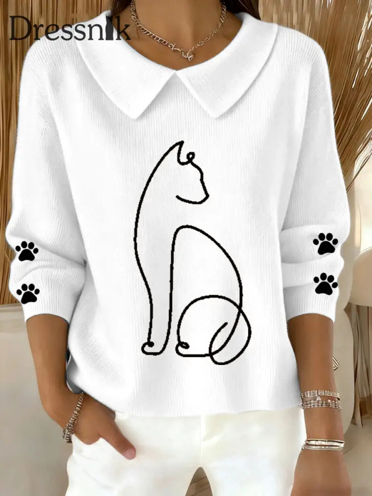 Damen niedliches Katzen muster Katzen liebhaber lässig Baby-Puppen-Kragen oberteil Weiß / S