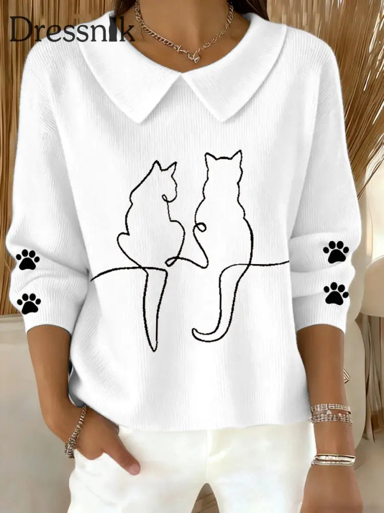 Damen niedliches Katzen muster Katzen liebhaber lässig Baby-Puppen-Kragen oberteil Weiß / S