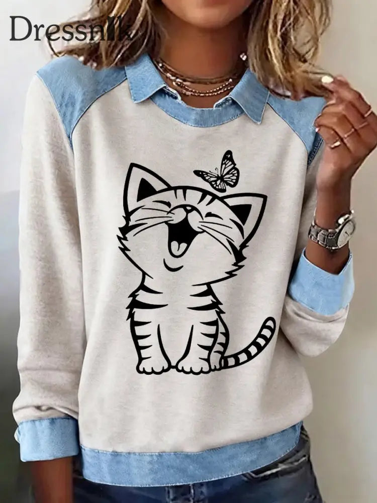 Damen niedliches Katzen muster Katzen liebhaber lässig Sweatshirt Blau / S