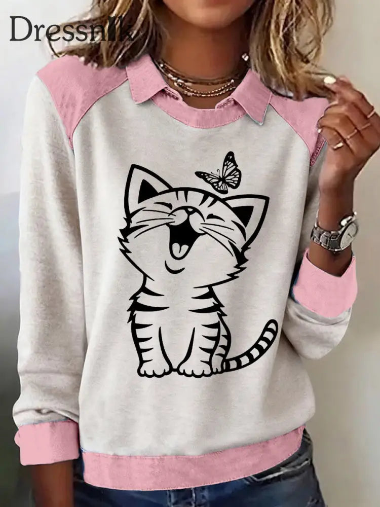 Damen niedliches Katzen muster Katzen liebhaber lässig Sweatshirt Rosa / S