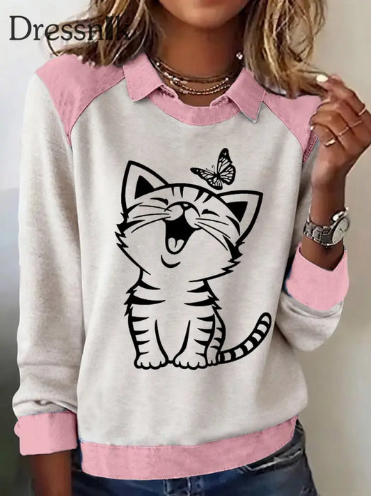 Damen niedliches Katzen muster Katzen liebhaber lässig Sweatshirt Rosa / S