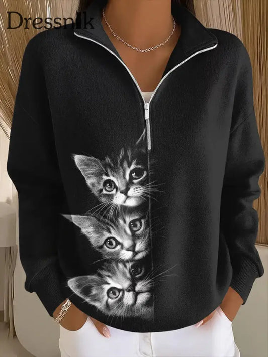 Damen niedliches Katzen muster Katzen liebhaber lässig Sweatshirt Schwarz / S