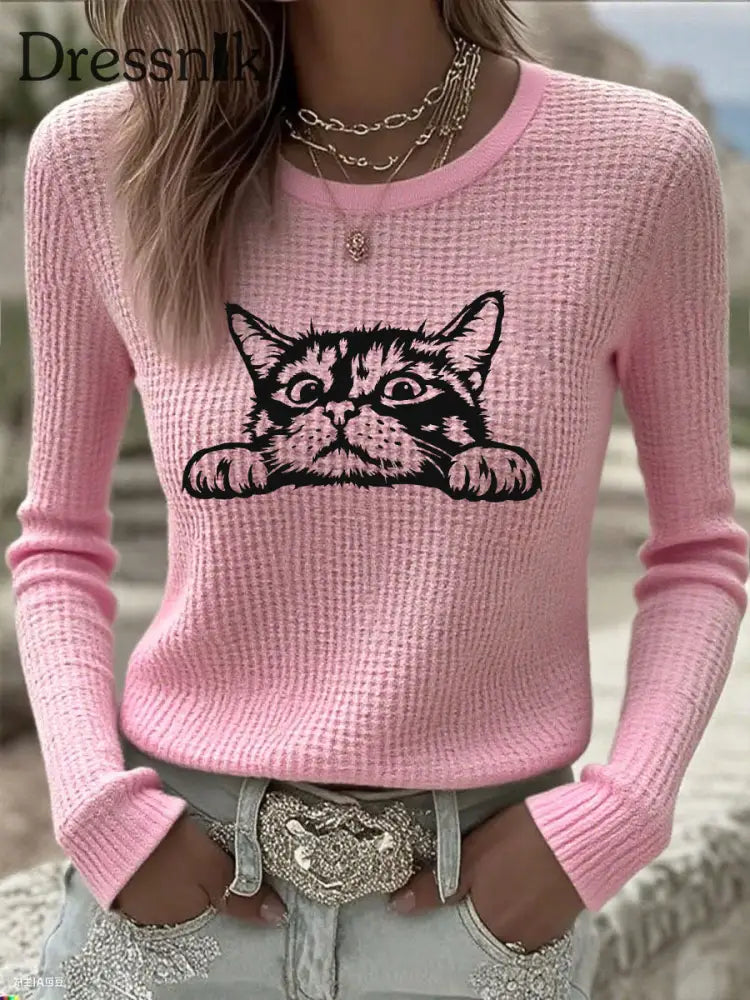 Damen niedliches Katzen-Print-Katzen-Liebhaber-Katzen-Mama-Geschenk-langärmliges T-Shirt Rosa / S