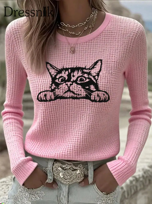 Damen niedliches Katzen-Print-Katzen-Liebhaber-Katzen-Mama-Geschenk-langärmliges T-Shirt Rosa / S