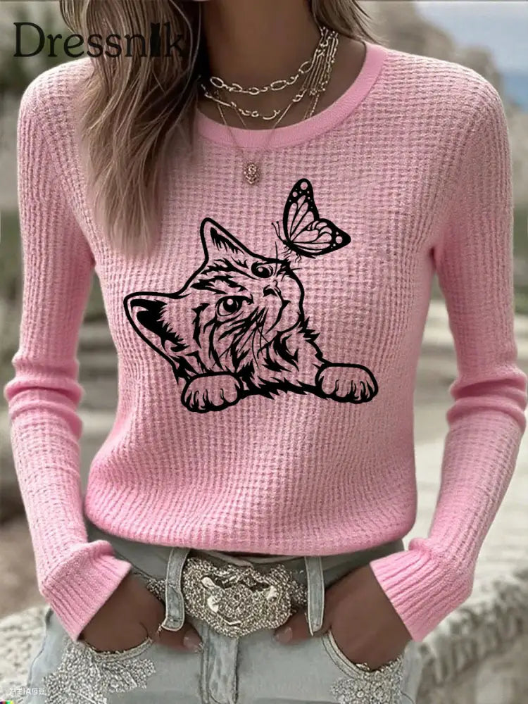 Damen niedliches Katzen-Print-Katzen-Liebhaber-Katzen-Mama-Geschenk-langärmliges T-Shirt Rosa / S