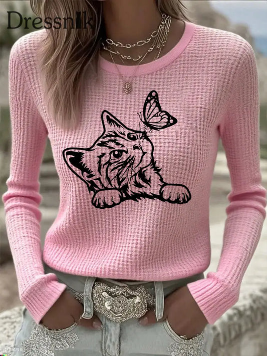 Damen niedliches Katzen-Print-Katzen-Liebhaber-Katzen-Mama-Geschenk-langärmliges T-Shirt Rosa / S