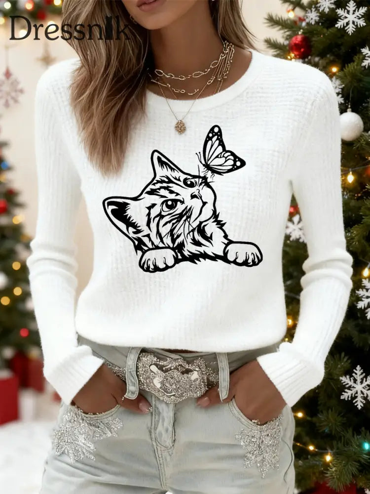 Damen niedliches Katzen-Print-Katzen-Liebhaber-Katzen-Mama-Geschenk-langärmliges T-Shirt Weiß / S