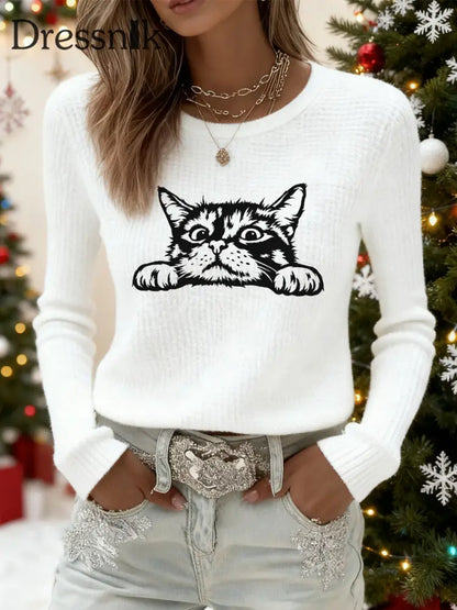 Damen niedliches Katzen-Print-Katzen-Liebhaber-Katzen-Mama-Geschenk-langärmliges T-Shirt Weiß / S