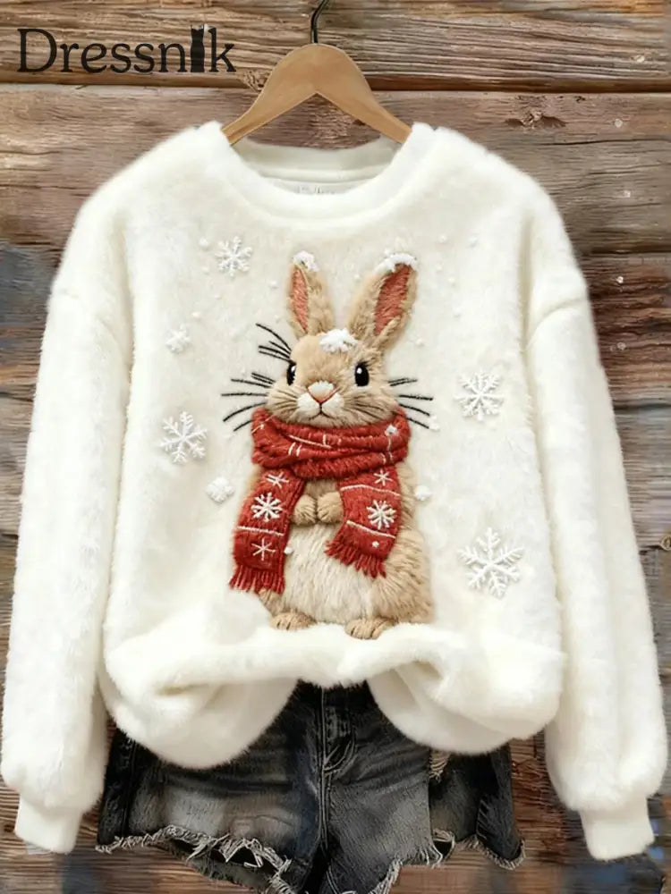 Damen niedliches Weihnachts kaninchen druck lässiges Flanell-Sweatshirt