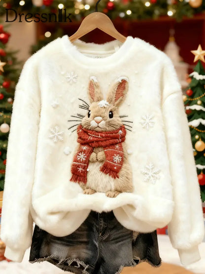 Damen niedliches Weihnachts kaninchen druck lässiges Flanell-Sweatshirt Cremig-Weiß / S