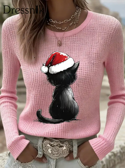 Damen niedliches Weihnachts katzen muster Katzen liebhaber lässig langärmliges Waffel oberteil Rosa / S