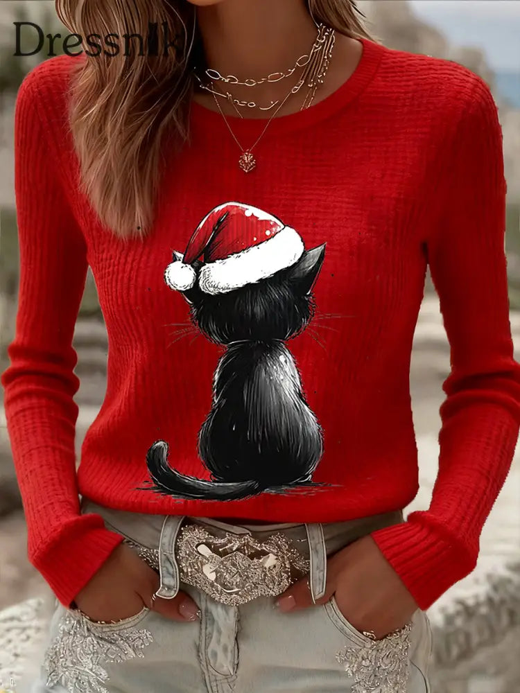 Damen niedliches Weihnachts katzen muster Katzen liebhaber lässig langärmliges Waffel oberteil Rot / S
