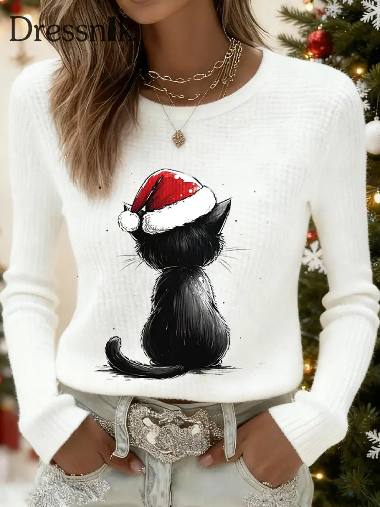Damen niedliches Weihnachts katzen muster Katzen liebhaber lässig langärmliges Waffel oberteil Weiß / S