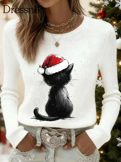 Damen niedliches Weihnachts katzen muster Katzen liebhaber lässig langärmliges Waffel oberteil Weiß / S
