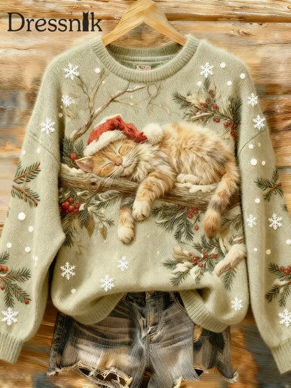 Damen niedliches Weihnachts schlafende Katze Kunstdruck Casual Sweatshirt als bild / S