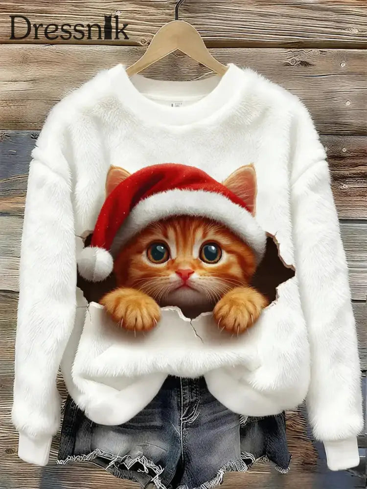 Damen niedliches Weihnachtskatze-Kunstdruck-lässiges Flanell-Sweatshirt Weiß / S