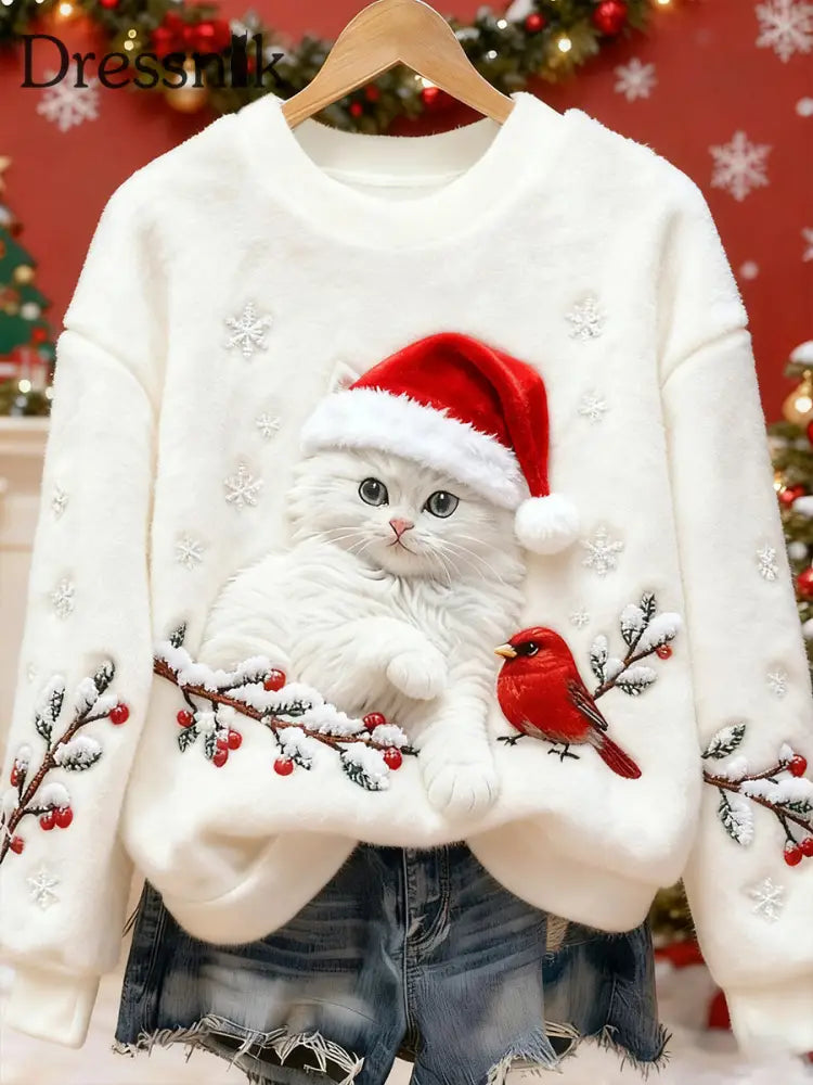 Damen niedliches Weihnachtskatze-Kunstdruck-lässiges Flanell-Sweatshirt Weiß / S