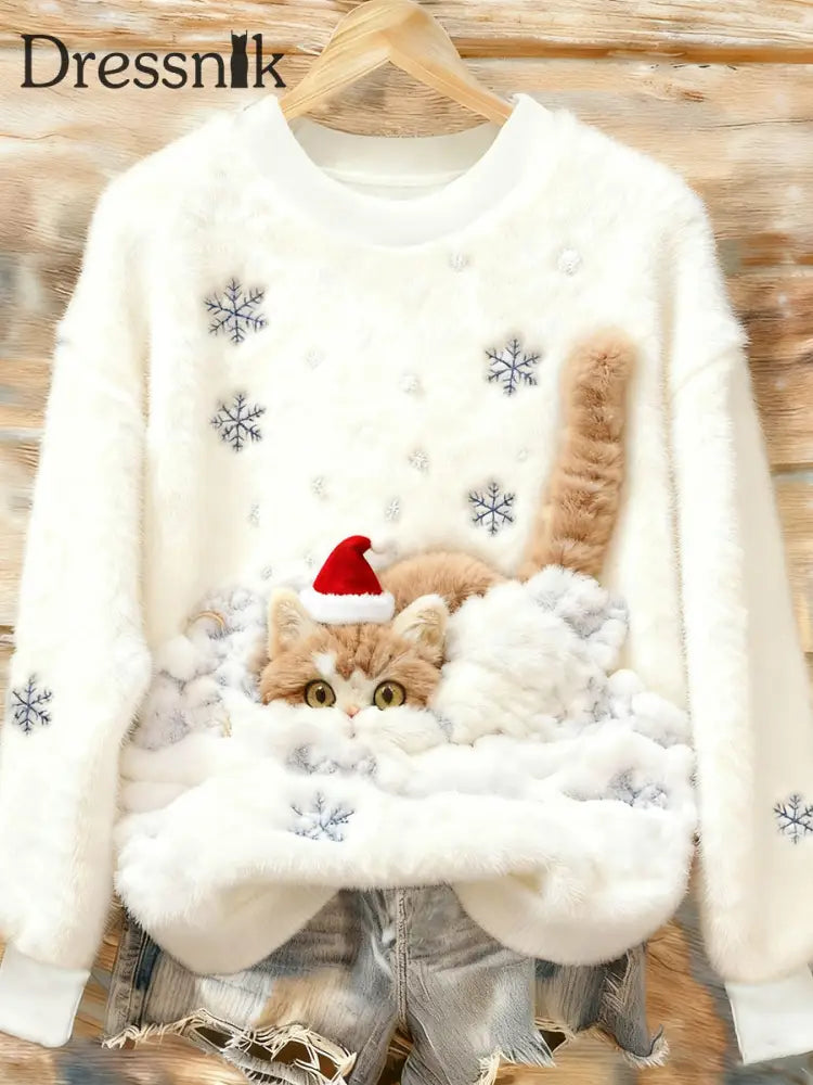 Damen niedliches Weihnachtskatze-Kunstdruck-lässiges Flanell-Sweatshirt Weiß / S