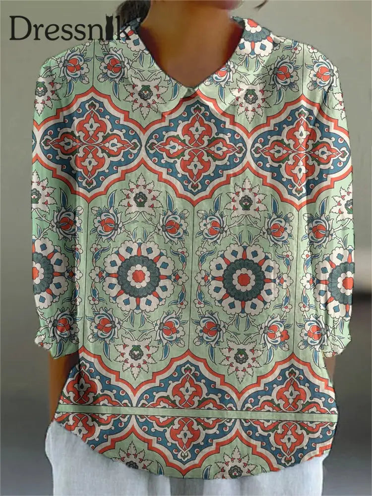 Damen palast Vintage Print 4/3 Ärmel Baumwoll Leinen hemd Grün / S