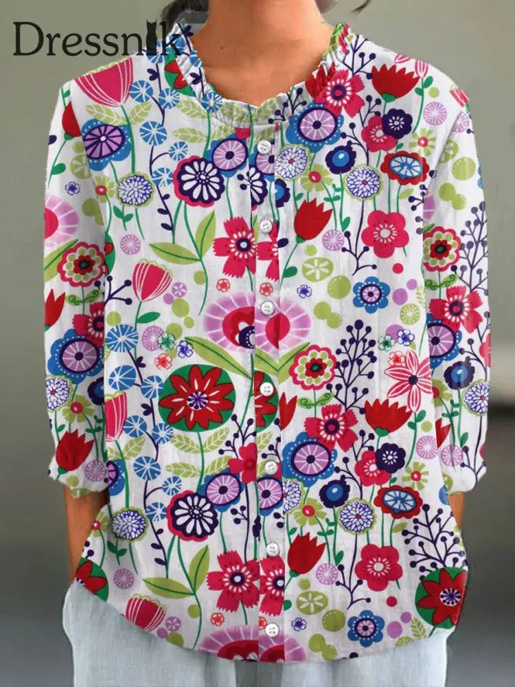 Damen Pastoral Blumen druck Lässiges Hemd aus Baumwolle und Leinen 3/4 Ärmel bunt / S