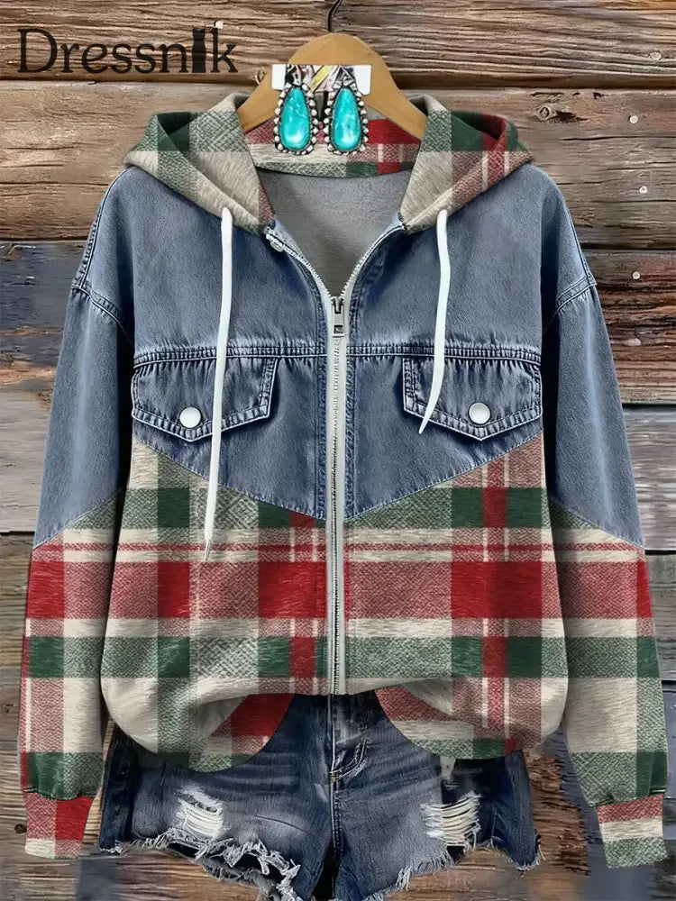 Damen-Patchwork-Hoodie mit Reiß verschluss als bild / S