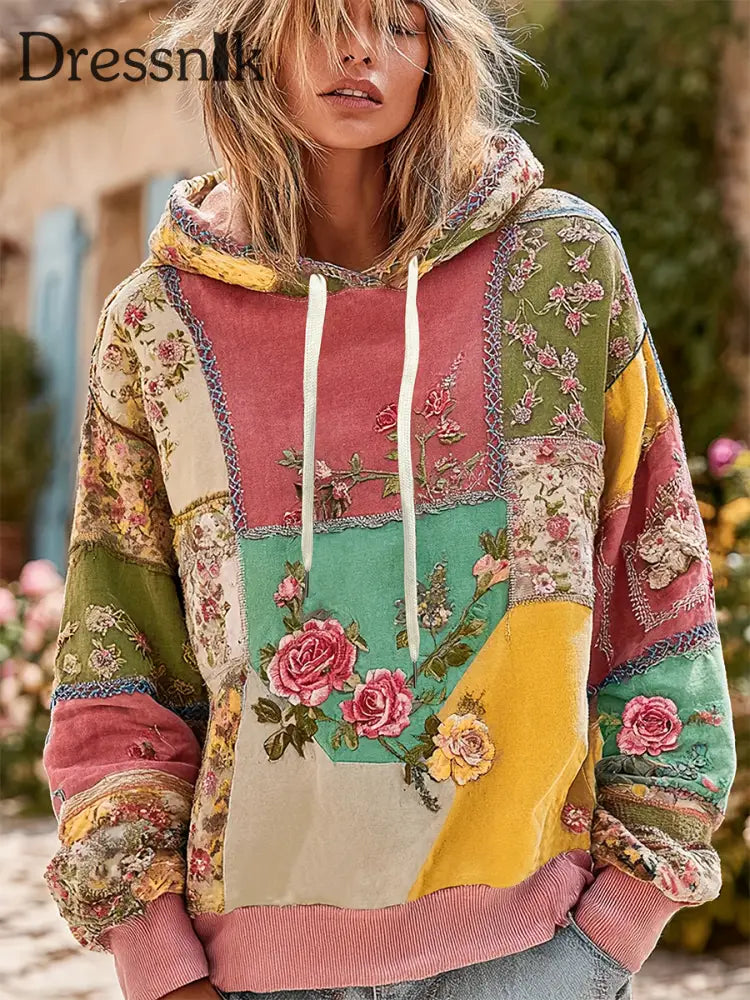 Damen-Patchwork-Kapuzen pullover mit Blumen druck als bild / S