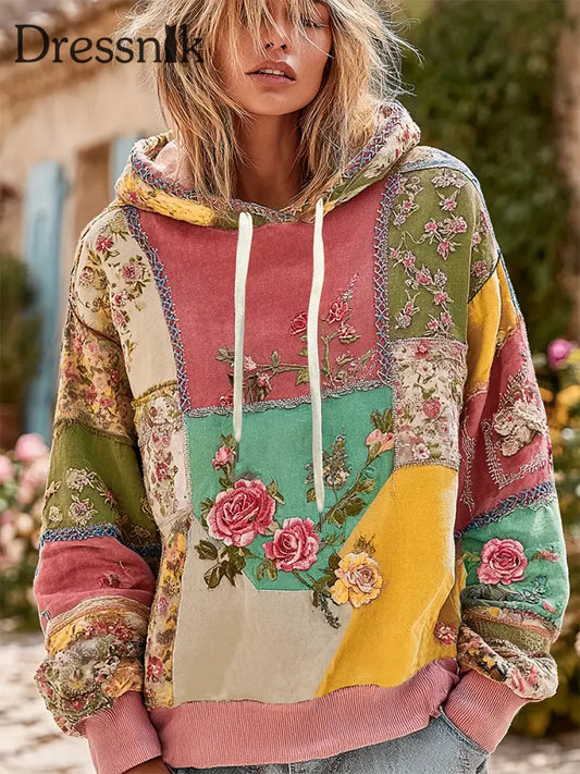 Damen-Patchwork-Kapuzen pullover mit Blumen druck als bild / S