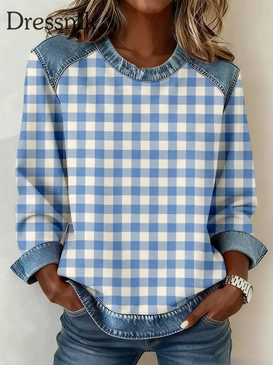 Damen-Patchwork-Sweatshirt mit einfachem kariertem Muster Blau / S