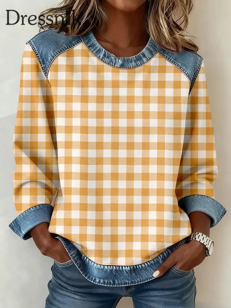 Damen-Patchwork-Sweatshirt mit einfachem kariertem Muster Gelb / S