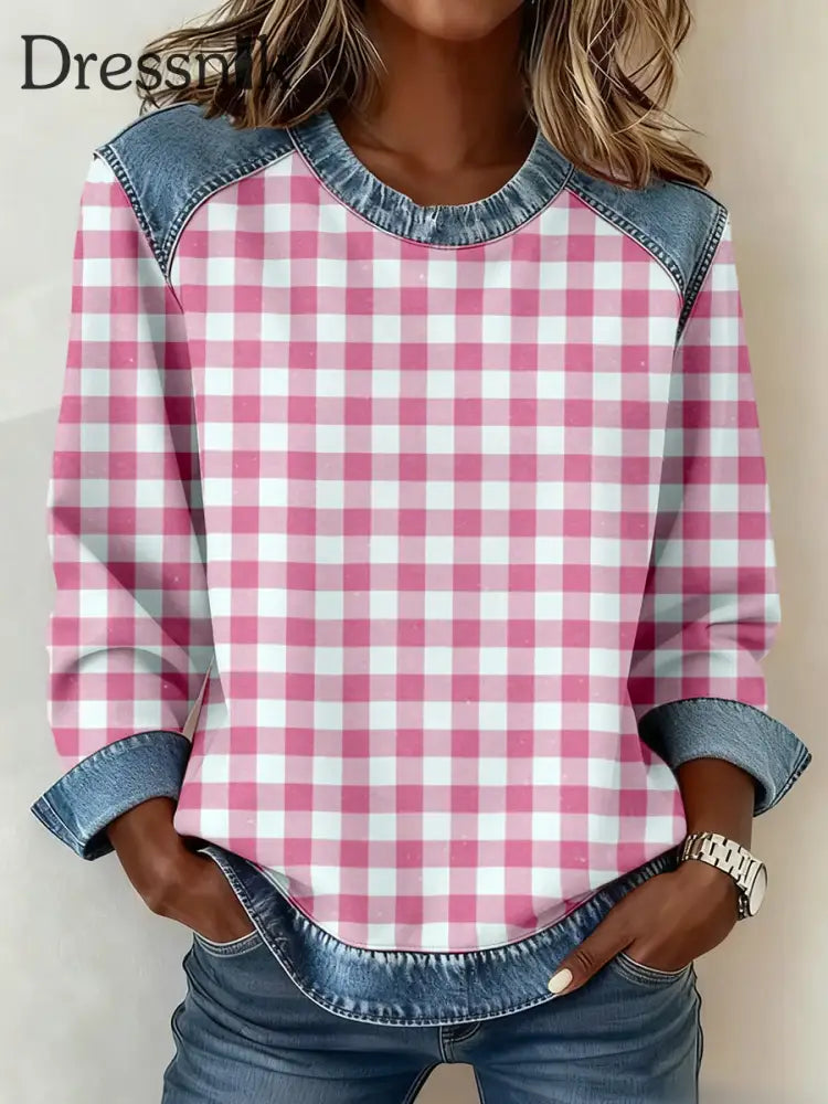 Damen-Patchwork-Sweatshirt mit einfachem kariertem Muster Rosa / S